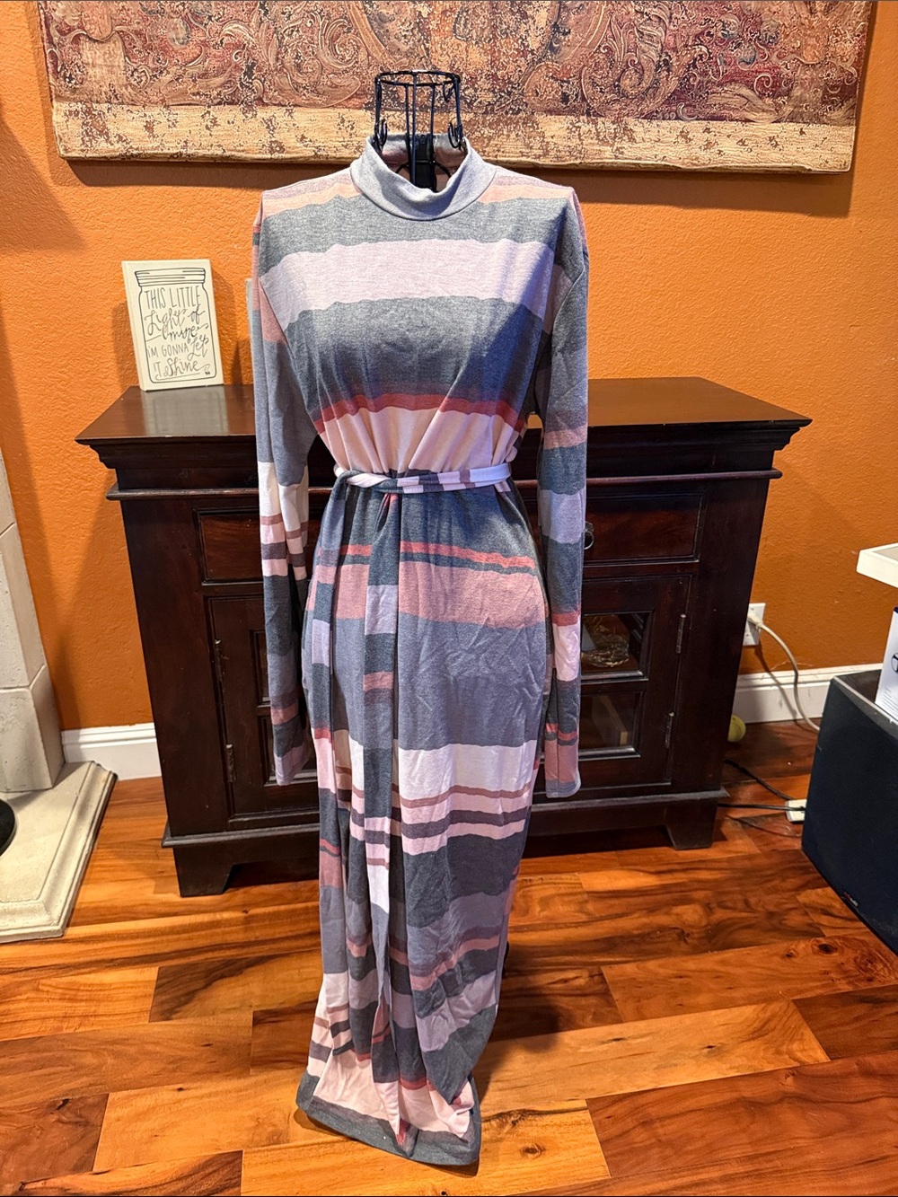 1x Plus Striped Long Sleeve Maxi Dress Pink & Gray